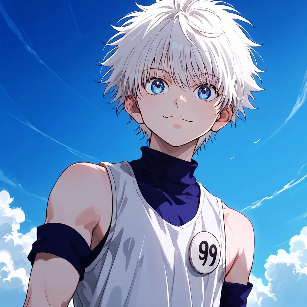 score_9_up, score_8_up, score_7_up,anime source,(realism:0.8) , best quality, lots of details, clear outline,
, 1boy,killua_zoldyck,,solo, 18yo, bishounen,  emaciate physique ,  ,handsome:1.3,male focus, thin body, short hair, white hair, blue eyes,,blue eyestsurime,detailed eyes,  expressioless,light smile, , detailed face,colorful, 
tank shirt,sleeveless,short shirt,narrow shoulder,thin chest,navel,
screen focus on upper body,
perfect shooting angle,
outdoor ,
great anatomy,