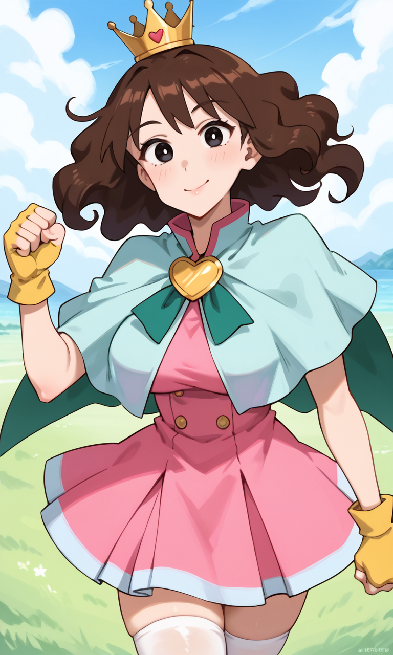 (1girl:1.5), (solo:1.3), (score_9, score_8_up, score_7_up, score_6_up, score_5_up, score_4_up), (source_anime), rating_questionable, looking at viewer, (upper body:1.3), outdoors, blue sky, cloud, cloudy sky, 
 (nohara-misae), (black eyes, brown hair, medium hair, perm hair, voluminous hair, fluffy hair, parody hair), (large breasts, wide hips, thick thighs), <lora:nohara-misae-onsen_v1:0.8> (silver crown, light blue capelet:1.3), (pink dress, pleated dress, tutu, layered clothes, green capelet, green split cape, yellow heart brooch, yellow fingerless gloves, white thighhighs),smile, hands up, clenched hands