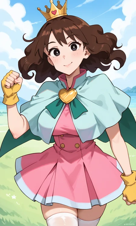 (1girl:1.5), (solo:1.3), (score_9, score_8_up, score_7_up, score_6_up, score_5_up, score_4_up), (source_anime), rating_questionable, looking at viewer, (upper body:1.3), outdoors, blue sky, cloud, cloudy sky,
(nohara-misae), (black eyes, brown hair, medium hair, perm hair, voluminous hair, fluffy hair, parody hair), (large breasts, wide hips, thick thighs), <lora:nohara-misae-onsen_v1:0.8> (silver crown, light blue capelet:1.3), (pink dress, pleated dress, tutu, layered clothes, green capelet, green split cape, yellow heart brooch, yellow fingerless gloves, white thighhighs),smile, hands up, clenched hands