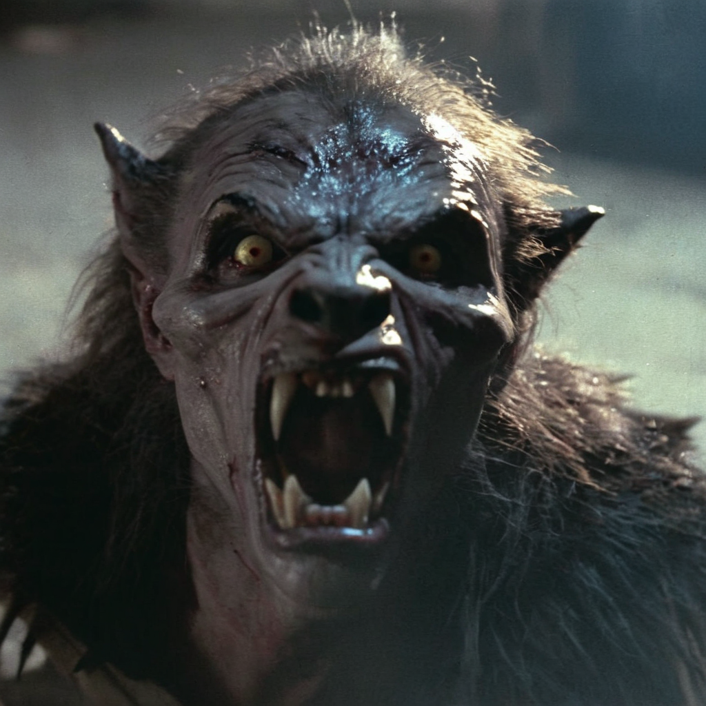 Horror-themed,  <lora:Fright Night 1985 Film Style:1>
Cinematic Closeup Shot Film Footage captured by Panavision Cameras and Lenses, vampire Werewolf creature a creature laying on a ground floor with his head staring at camera, with open mouth and creepy teeth, staring with a sad look on his face, with dark shadow face light on, Fright Night 1985 Film Style, Eerie, unsettling, dark, spooky, suspenseful, grim, highly detailed
