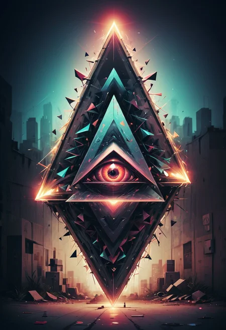 Surreal graffiti, glitchcore, double exposure, poster style, geometric, triangles, glitchy, eerie, lights, occult, dark,