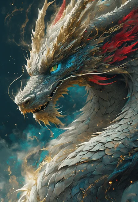 minimalism style, WLOP art style, a character worrior , facial muscles, eye light, dragon behind, cinematic foootage, fantasy, intricate details,8k post production,dark gold tone blue red white green