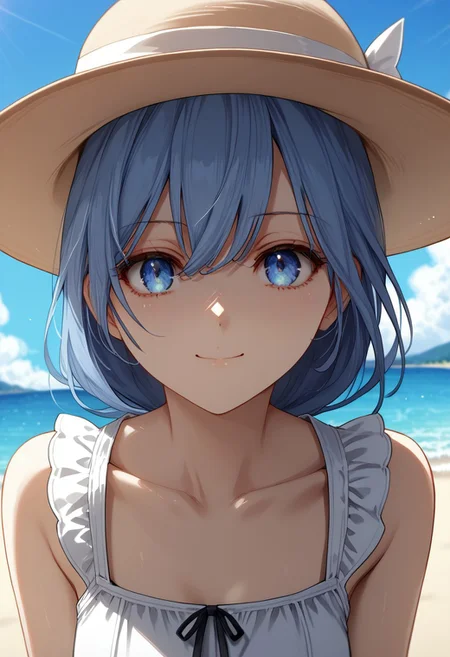 (((1 girl, detail1eye, 26 years old, melf:1, Mature female, Mature Face, closed mouth, anime))), Score_9, score_8_up, score_7_up, HD, Masterpiece, perfect colours, perfect lighting, Solo, long hair, flower ornaments, Pale Blue hair, Blue eyes, Single braid, hat, dress, bare shoulders, collarbone, sleeveless, white dress, sleeveless dress, sun hat, sundress, outdoors, beach, bent over, smile, looking at viewer, solo, cowboy shot, dutch angle,