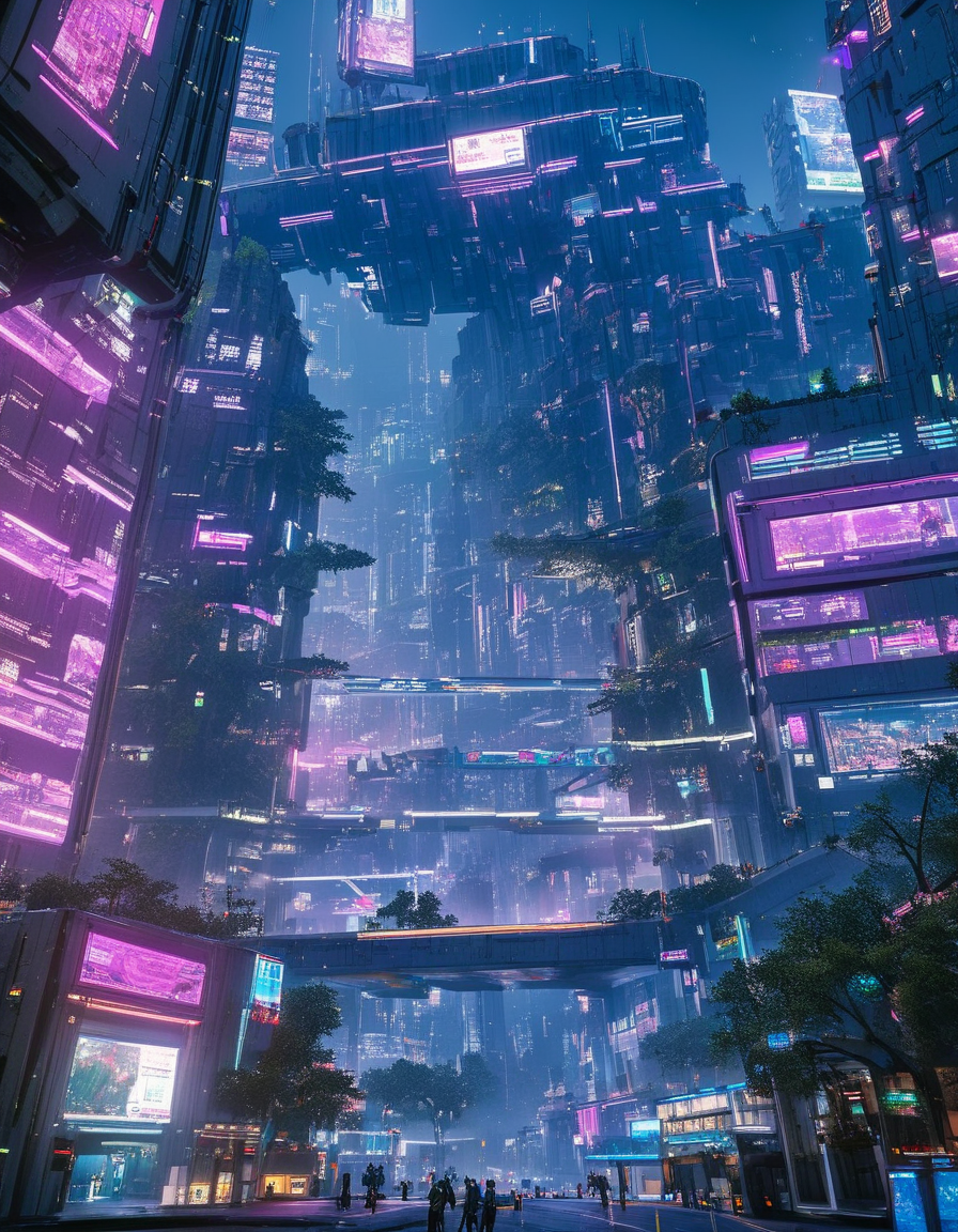 <lora:City_Worlds_01_Effects_xlc:1> photo, masterpiece, high score, great score, absurdres, citybkg, phot17, cyberpunk traffic, SE14, phot12, very far side view, impressive, low wall, huge tree, buildings under highway, futuristic, blue, shop, ground view, flying over cyberpunk metropolis, far above view