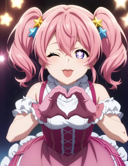 score_4, score_5, score_6, score_9, score_8_up, score_7_up, source_anime, <lora:Fine_Anime_Screencap-Pony:1.2>, fine anime screencap_xl, anime_screencap,   pink hair, twintails, :p, frilled dress, frilled gloves, hair between eyes, long hair, +.+, star-shaped pupils, hair hair ornament, one eye closed,  idol clothes, pink dress, pink gloves, pink ribbon,  turtleneck_dress, tongue out, stage, stage lights, cowboy shot, heart hands, fisheye view