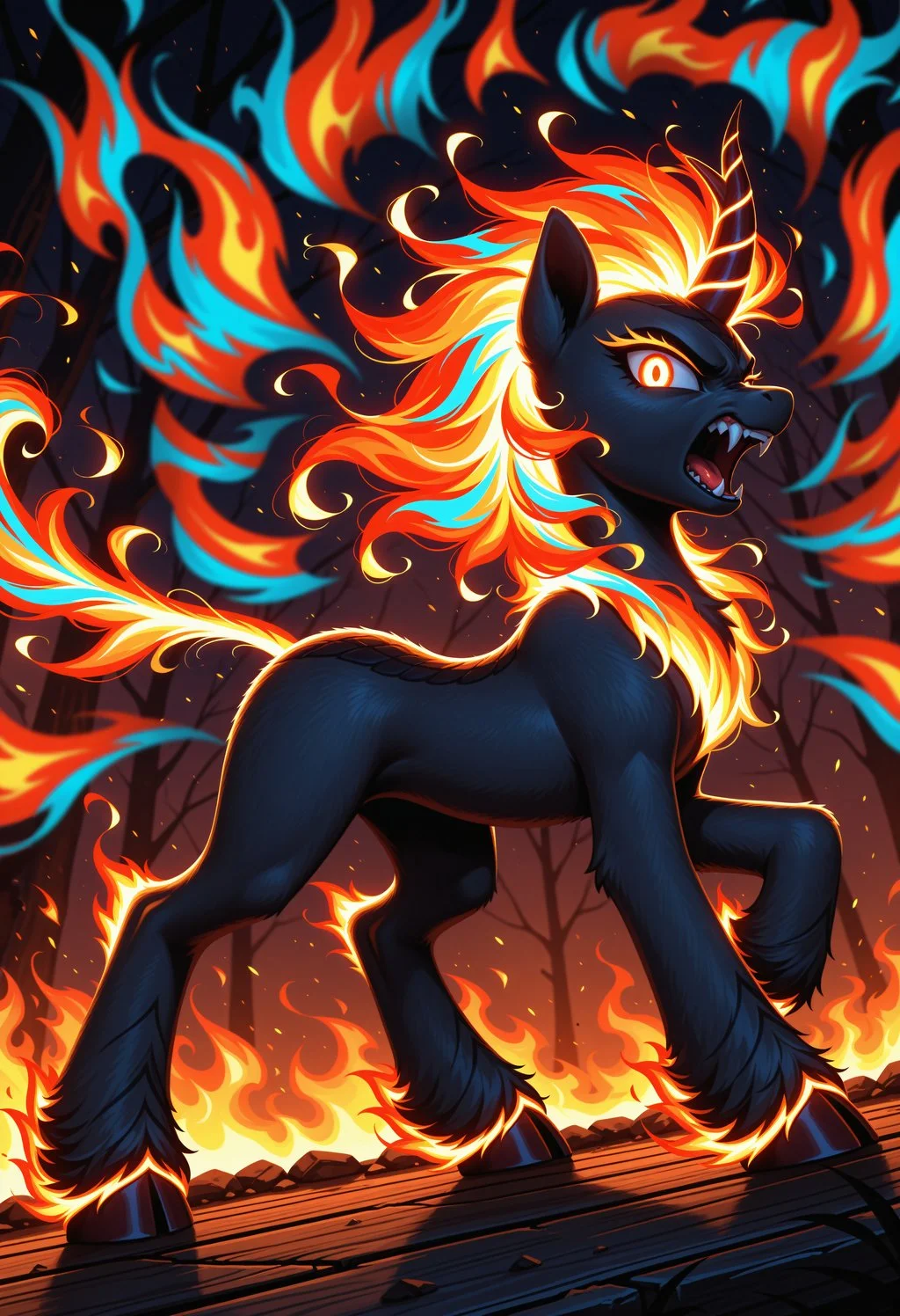 masterpiece, very aesthetic,  solo, feral, kirin, My Little Pony, black fur, red blue fire aura, angry, solid white eyes, fangs, flaming hair, flaming hooves, shouting, side view, burning trees, split wooden horn, dramatic lighting, high contrast, cute, blue glow, looking at viewer, glowing eyes, dynamic pose <lora:spo_sdxl_10ep_4k-data_lora_webui:1.0>