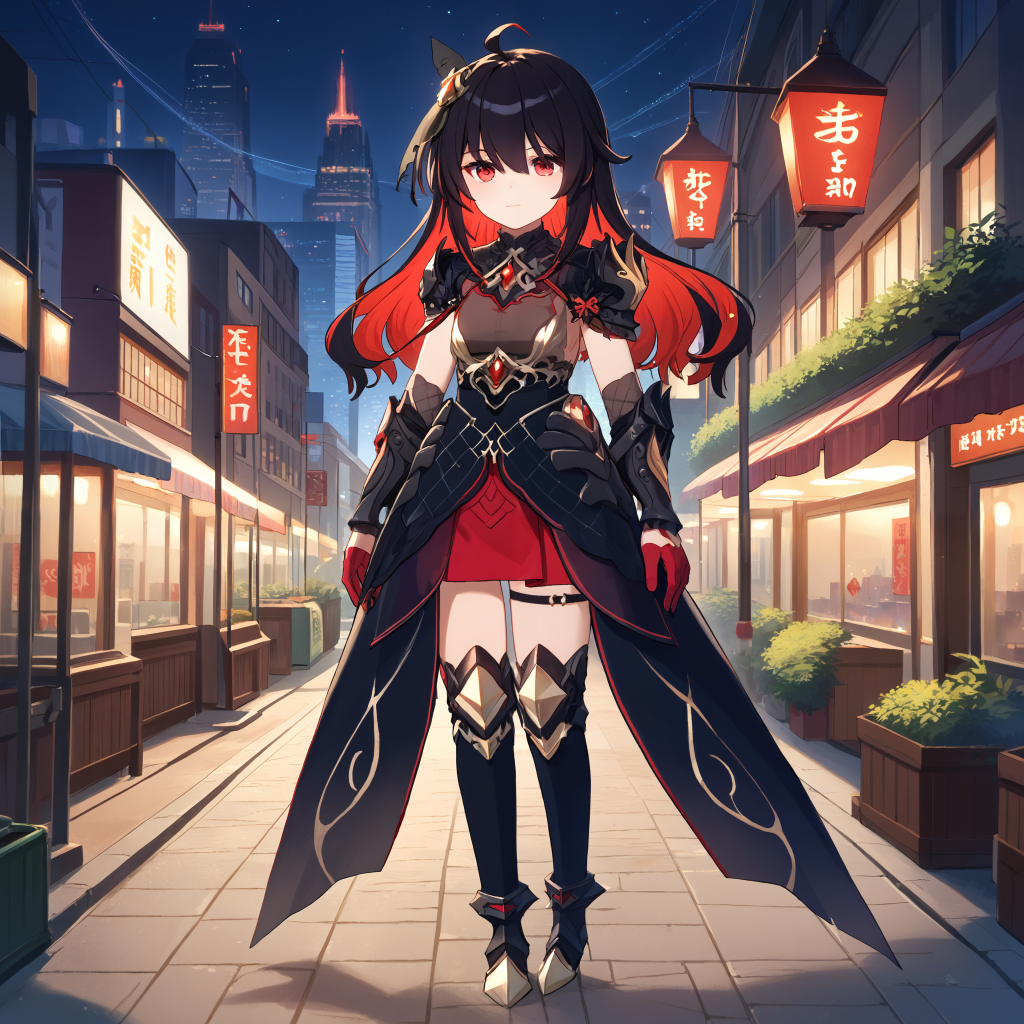 score_9, score_8_up, score_7_up, score_6_up, score_5_up, score_4_up, BREAK source_anime, look at viewer, rating_safe, 1girl, solo, outdoors, night, city, full body, standing, masterpiece, best quality, high detailed skin,  seele vollerei \(starchasm nyx\), long hair, multicolored hair, black hair, red hair, hair ornament, ahoge, red eyes, armor, black dress, red gloves, red skirt, thigh strap, thighhighs,