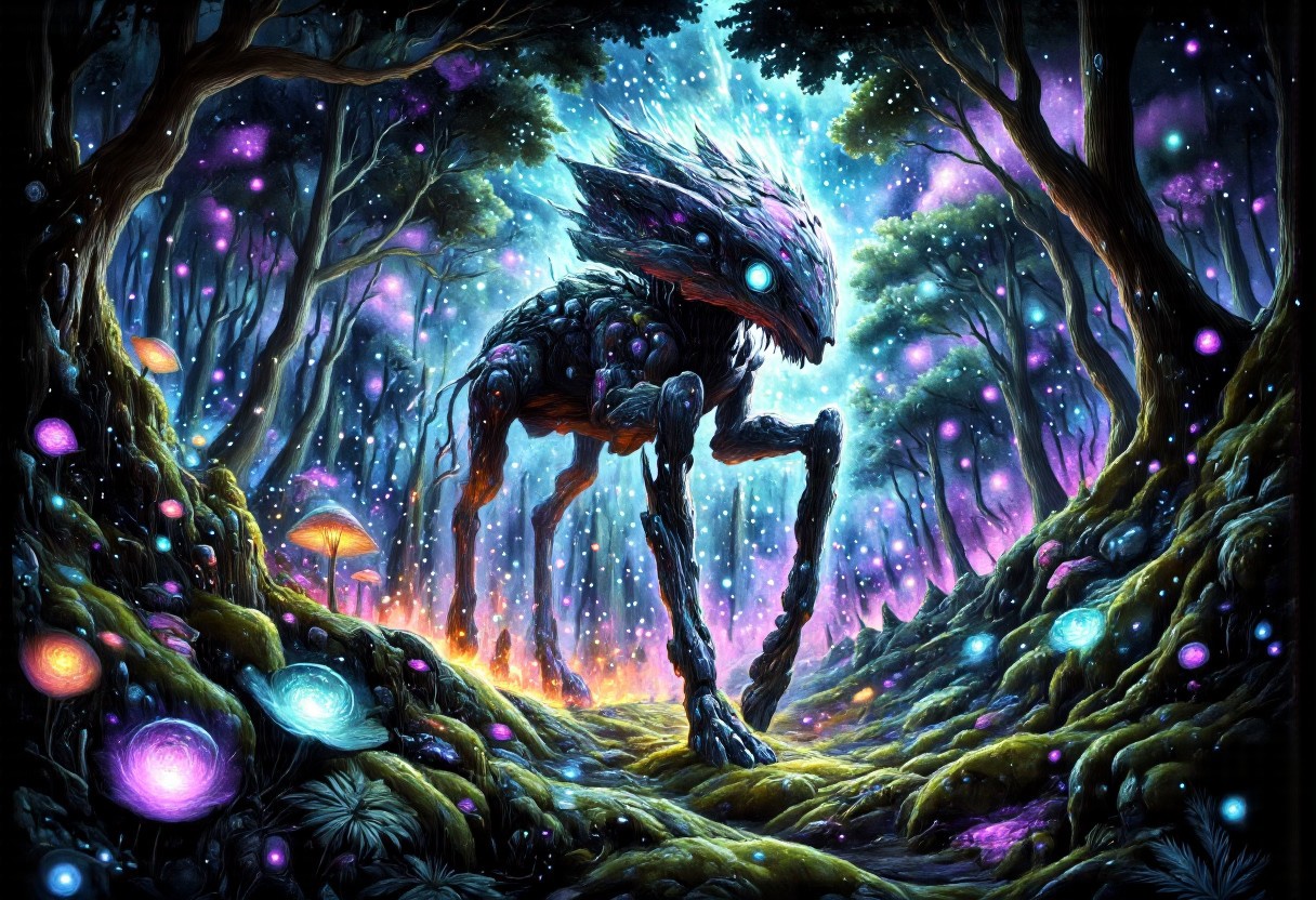 In the heart of an ancient, mystical forest, bathed in the eerie glow of a moon concealed behind thick, swirling clouds, strides a colossal translucent at-st Scout Walker. Its massive mechanical legs thunder across the moss-covered ground as it moves effortlessly through the landscape, its transparent body nearly vanishing in the vast expanse of stars above. The walkers form is translucent, barely visible against the endless cosmic canvas, with starlight piercing through its ethereal silhouette, casting a soft glow from within. The faintly shimmering Scout Walker takes on hues of deep blue and violet, refracting the distant starlight as it moves.
Soft, iridescent mushrooms, glowing faintly in deep purple and emerald hues, sprout from the back of the massive beast, casting brief flickers of light that dance across the shadows of the forest floor. Its eyes, luminous and full of ancient wisdom, gleam as they gaze out from the shifting form, reflecting the brilliance of distant galaxies.
The forest around it stretches endlessly, a labyrinth of twisted, ancient trees wrapped in dark, velvety moss, their branches reaching toward the sky like shadowed fingers. Hints of deep turquoise and dark purple swirl in the air, blending into the atmosphere, as though the entire realm is bathed in a palette of deep, enchanted twilight. The walkers silhouette moves gracefully through this dreamlike landscape, a serene giant in the midst of the cosmic night.