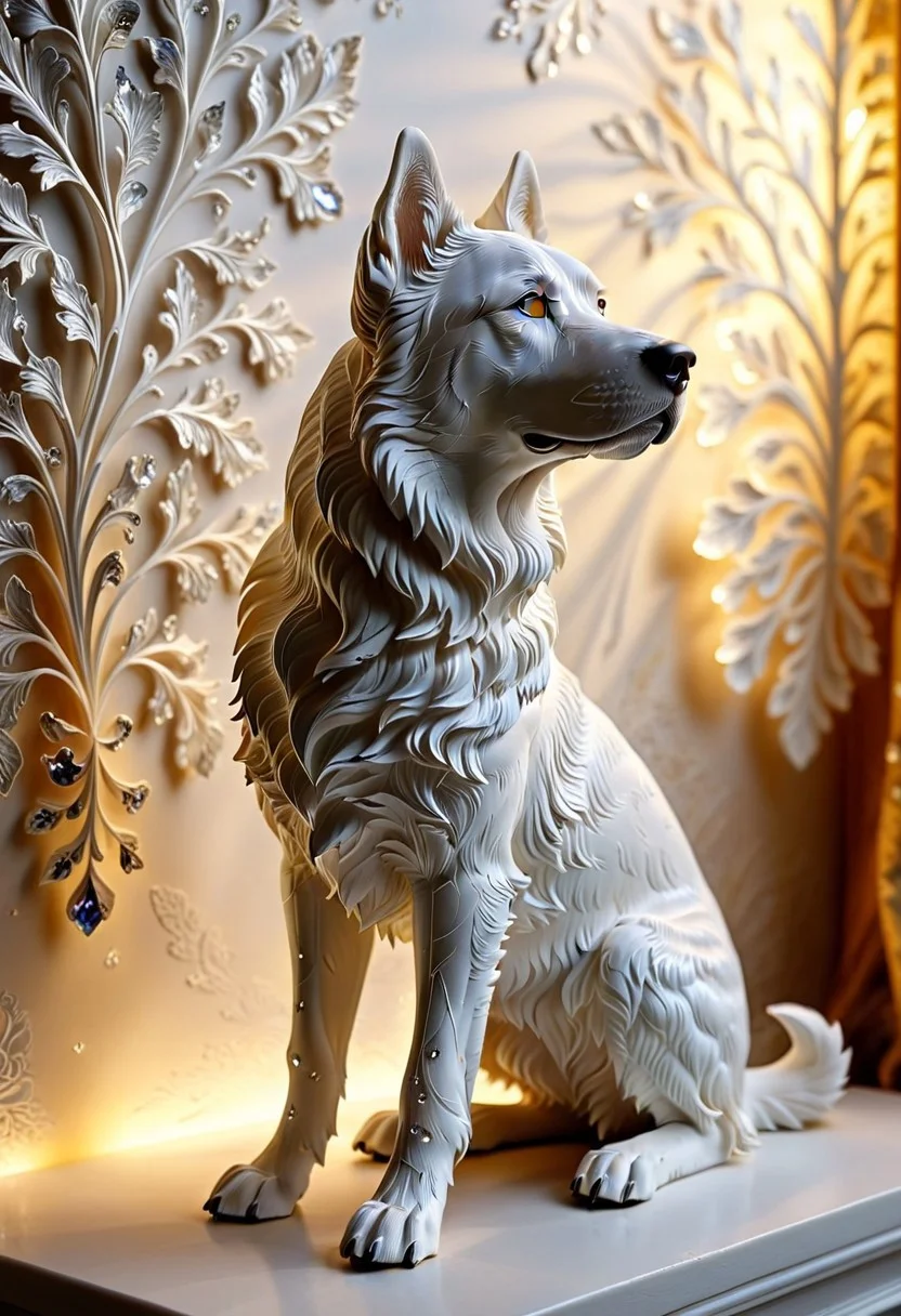 A photorealistic image of a majestic dog figure,
crystalstexture skin,(extremely delicate and beautiful), highly detailed, WhiteMold, art style, 3d printed mold,
intricate details, dramatic composition, contrast, texture, realism, high quality, stunning art, film grain, volumetric lighting, detailed,
background is cozy room,