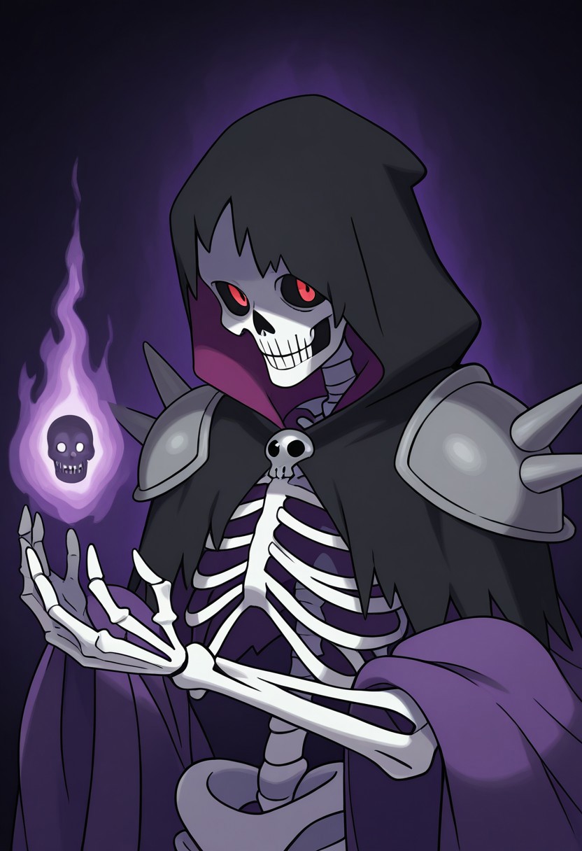 sugimorixd,

1boy, solo, pauldrons, armor, black hood, bone, hood, lich, magic, male focus, necromancer, purple shawl, red eyes, ribs, shawl, shoulder armor, skeleton, skull, undead, upper body