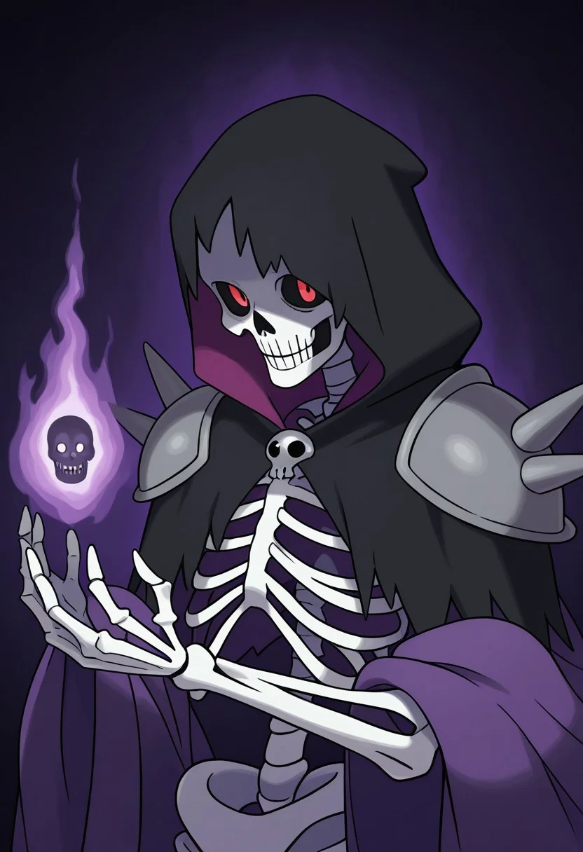 sugimorixd,
1boy, solo, pauldrons, armor, black hood, bone, hood, lich, magic, male focus, necromancer, purple shawl, red eyes, ribs, shawl, shoulder armor, skeleton, skull, undead, upper body