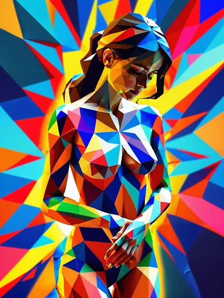 full body shot, bottom-up, low poly woman looking down at her hands , fractal pattern background. 8k, masterpiece vivid colors, <lora:add-detail-xl:-1>