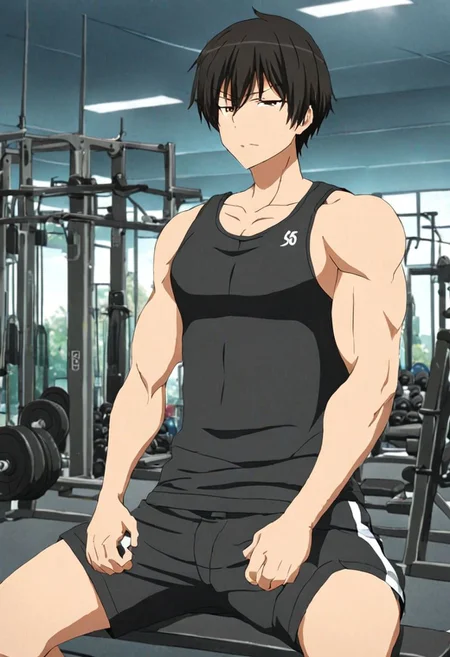high resolution, solo, best quality, 1Boy, Kanie Seiya, Black Hair, Gym, tank top, shorts, exercise, sixpack, OverallDetail