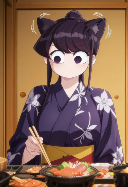 masterpiece, best quality, good quality, very aesthetic, absurdres, newest, Anime screenshot, 1girl, solo,
<lora:Shouko_Komi_Komi_Cant_Communicate:1> komi shouko, no mouth, long hair, solo, black hair, black eyes, cat ears, ear wiggle,
<lora:heyashoku:0.8>, heyashoku, food, table, yukata, chopsticks,