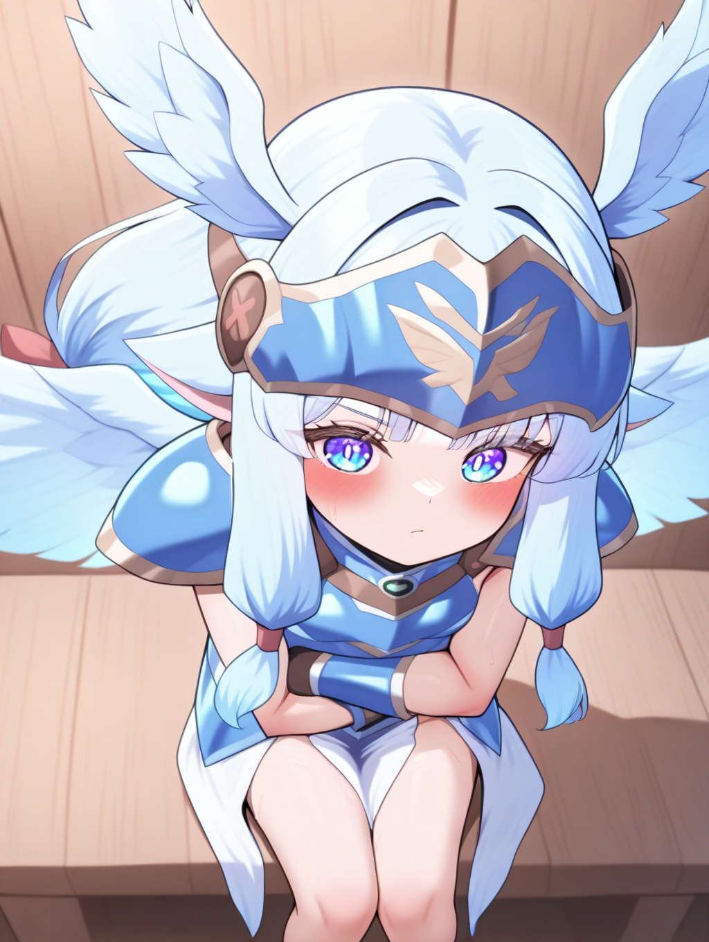 perfect quality,best quality,absolutely eye-catching,ambient occlusion,raytracing BREAK
1girl,<lora:renasuVA IL v1.4:1>,renasuVA,anime coloring,blue eyes,blue hair,valkyrie,blue armored dress,headgear,wings,front slit,animal ears,low-tied long hair,bare ears,, pov, looking away,macro_shot,bent_over,raytracing,arms_crossed,sitting,