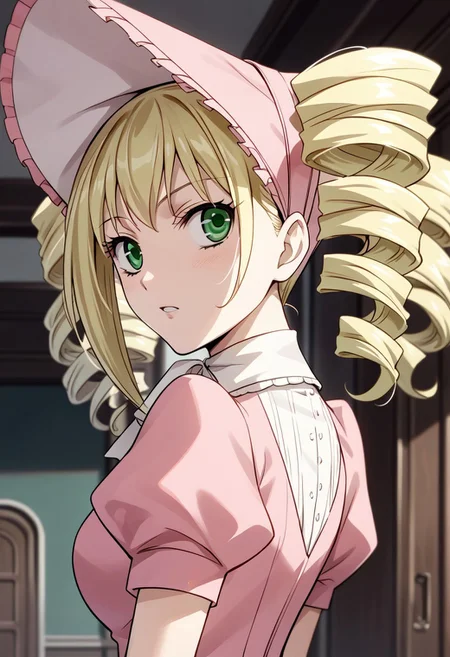 score_9, score_8_up, score_7_up, source_anime, ELIZABETH MIDFORD, DRILL HAIR, TWIN DRILLS, 1girl, solo, blonde hair, green eyes, looking back, pink bonnet