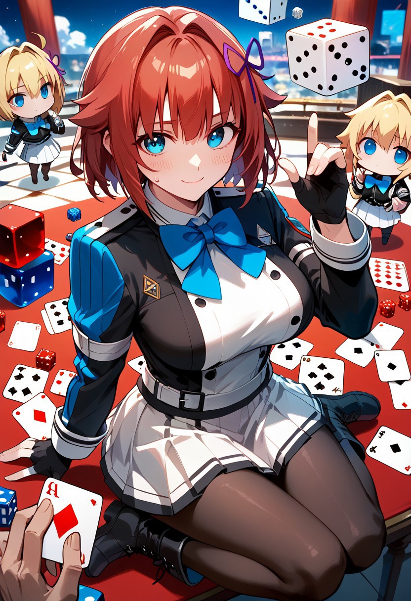 score_9,score_8_up,score_7_up,source_anime, Pearl Diamond,1girl,breasts,looking at viewer,blush,smile,shirt,large breasts,skirt,multiple girls,long sleeves,1boy,gloves,holding,bow,ribbon,closed mouth,jacket,hair ribbon,pantyhose,red hair,boots,black gloves,solo focus,belt,hand up,bowtie,fingerless gloves,black footwear,chibi,sweatdrop,uniform,black pantyhose,blue bow,white skirt,blue bowtie,card,dice,