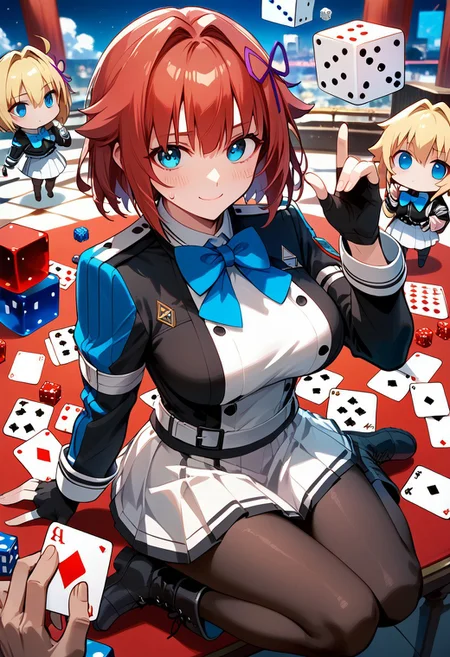 score_9,score_8_up,score_7_up,source_anime, Pearl Diamond,1girl,breasts,looking at viewer,blush,smile,shirt,large breasts,skirt,multiple girls,long sleeves,1boy,gloves,holding,bow,ribbon,closed mouth,jacket,hair ribbon,pantyhose,red hair,boots,black gloves,solo focus,belt,hand up,bowtie,fingerless gloves,black footwear,chibi,sweatdrop,uniform,black pantyhose,blue bow,white skirt,blue bowtie,card,dice,