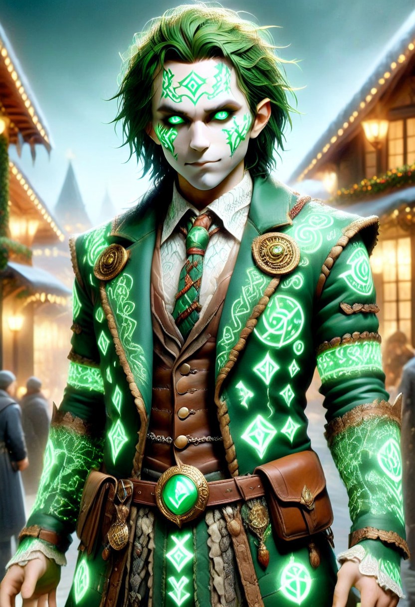 (PEJoker, high quality, HD, full body, dramatic lighting, cinematic composition, detailed, glowing rune costume, dark green glowing runes, intense eyes, concept art, trending on ArtStation, CHRC4ND7, (dark, evening, (vignette)))