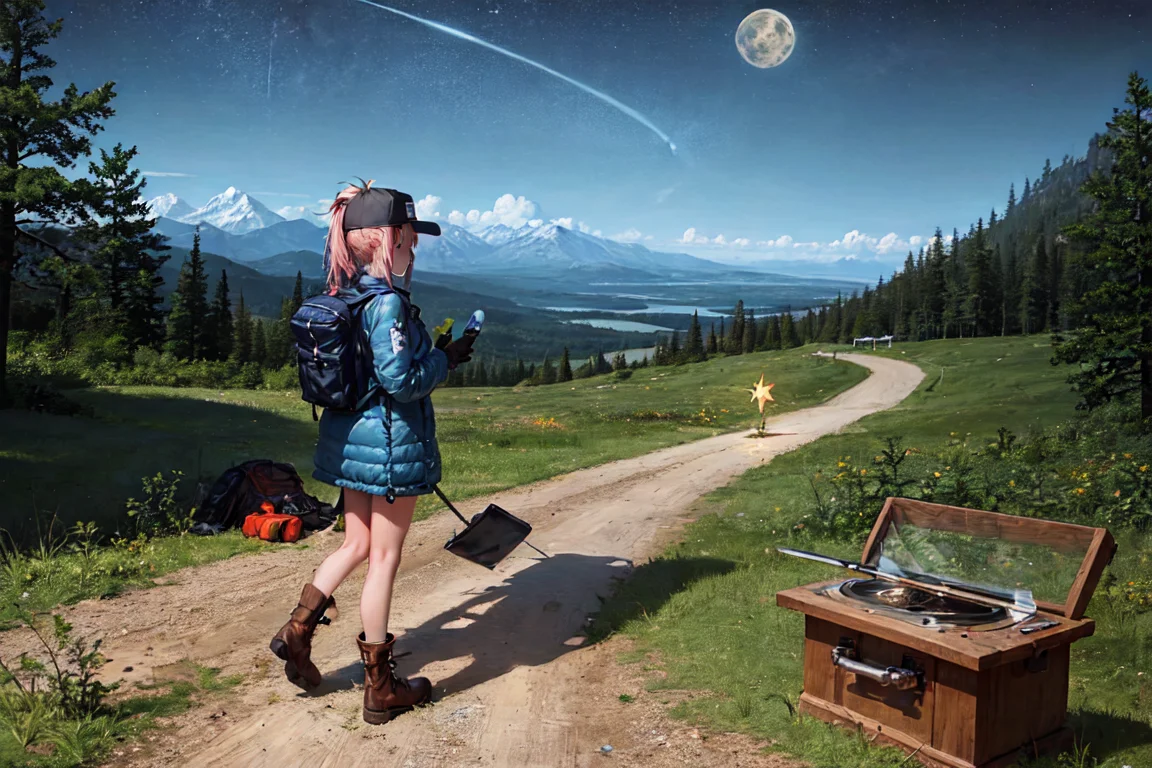 masterpiece, best quality, ultra-detailed, illustration, 1girl, solo, outdoors, camping, night, mountains, nature, stars, moon, bonfire, tent, twin ponytails, green eyes, cheerful, happy, backpack, sleeping bag, camping stove, water bottle, mountain boots, gloves, sweater, hat, flashlight, forest, rocks, river, wood, smoke, shadows, contrast, clear sky, constellations, Milky Way, peaceful, serene, quiet, tranquil, remote, secluded, adventurous, exploration, escape, independence, survival, resourcefulness, challenge, perseverance, stamina, endurance, observation, intuition, adaptability, creativity, imagination, artistry, inspiration, beauty, awe, wonder, gratitude, appreciation, relaxation, enjoyment, rejuvenation, mindfulness, awareness, connection, harmony, balance, texture, detail, realism, depth, perspective, composition, color, light, shadow, reflection, refraction, tone, contrast, foreground, middle ground, background, naturalistic, figurative, representational, impressionistic, expressionistic, abstract, innovative, experimental, unique