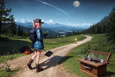 masterpiece, best quality, ultra-detailed, illustration, 1girl, solo, outdoors, camping, night, mountains, nature, stars, moon, bonfire, tent, twin ponytails, green eyes, cheerful, happy, backpack, sleeping bag, camping stove, water bottle, mountain boots, gloves, sweater, hat, flashlight, forest, rocks, river, wood, smoke, shadows, contrast, clear sky, constellations, Milky Way, peaceful, serene, quiet, tranquil, remote, secluded, adventurous, exploration, escape, independence, survival, resourcefulness, challenge, perseverance, stamina, endurance, observation, intuition, adaptability, creativity, imagination, artistry, inspiration, beauty, awe, wonder, gratitude, appreciation, relaxation, enjoyment, rejuvenation, mindfulness, awareness, connection, harmony, balance, texture, detail, realism, depth, perspective, composition, color, light, shadow, reflection, refraction, tone, contrast, foreground, middle ground, background, naturalistic, figurative, representational, impressionistic, expressionistic, abstract, innovative, experimental, unique