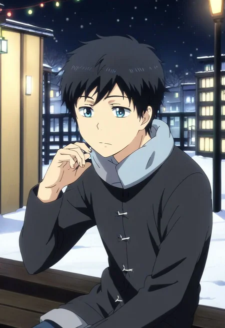 high resolution, solo, best quality, 1Boy, Arata Kaizaki, Black Hair, Blue Eyes, winter, Northern Lights, Stargazing, OverallDetail