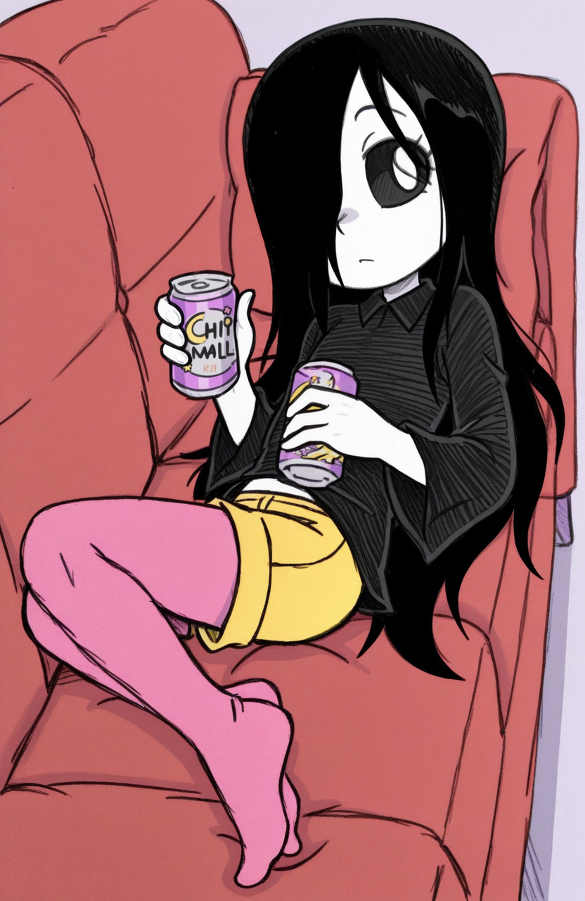 1girl, solo, latex, black collared shirt, wide sleeves, yellow lowleg shorts, pink pantyhose, no shoes, looking at viewer, looking to side, lying on couch, on back, arm dangle, from side, holding can, content expression, <lora:Erma:0.6> erma, child, hair over one eye, black sclera, white skin, pale skin, black hair,
 <lora:SnidelyOne:1> snidley, traditional media, sketch, hatching \(texture\), colored pencil \(medium\), , extremely detailed, highres, masterpiece, best quality
