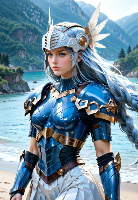 Beautiful woman, 24 years old. Fair skin. Smooth skin. Silvery blue hair. Incredible detail, high clarity. Free hair with braids. Long hair. Pink lips. 

Valkyrie helmet, beaked helmet.

Deep blue armor, metal armor, smooth armor. White pleated skirt.