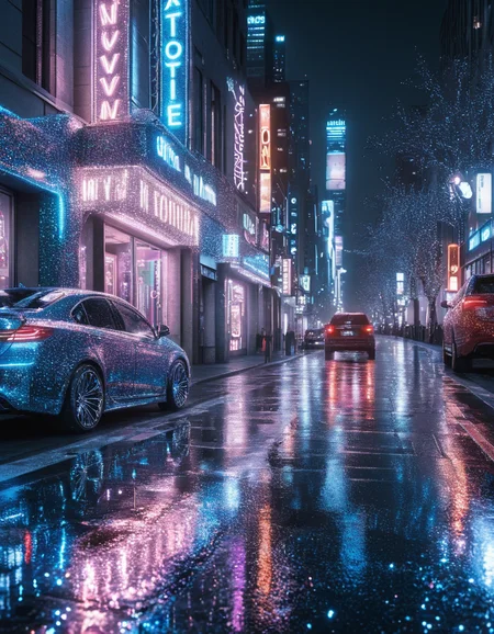 <lora:103_novuschroma_1:.8> city street scene at night novuschroma style glitter