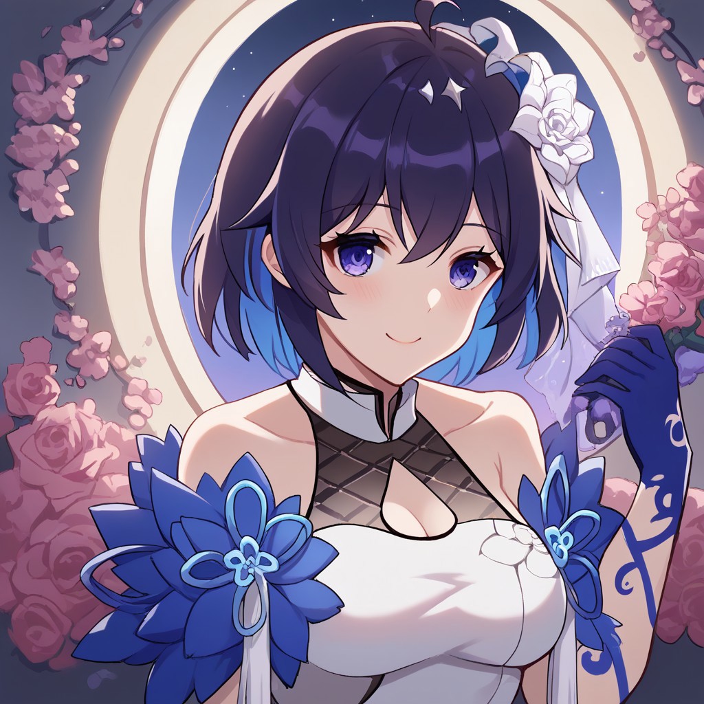 score_9, score_8_up, score_7_up,Captivating Eye Reflections,beautiful detailed eyes,lower eyelid,beautiful detailed face,BREAK ,source_anime,Seele,Mirrored Flourishes,1girl,medium breast,purple eyes,short hair,dark blue hair,blue inner hair,ahoge,single white flower accessory on the head,white and blue China Cheongsam,off shoulders,((single blue glove)),bare legs,black straps on the legs,white footwear,smile,sitting,bedroom,window,moon,night