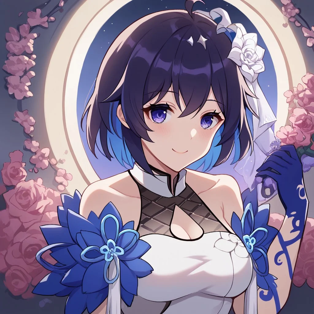 score_9, score_8_up, score_7_up,Captivating Eye Reflections,beautiful detailed eyes,lower eyelid,beautiful detailed face,BREAK ,source_anime,Seele,Mirrored Flourishes,1girl,medium breast,purple eyes,short hair,dark blue hair,blue inner hair,ahoge,single white flower accessory on the head,white and blue China Cheongsam,off shoulders,((single blue glove)),bare legs,black straps on the legs,white footwear,smile,sitting,bedroom,window,moon,night