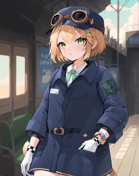score_9, score_8_up, score_7_up, source_anime, anime, BREAK, best quality, very aesthetic, crisp image, absurdres, hotfiy, zPDXL3, <lora:doobyPonyXL:1>, 1girl, dooby, short hair, tail, jacket, coat, hat, goggles, green eyes, hair ornament, white gloves, cowboy shot,