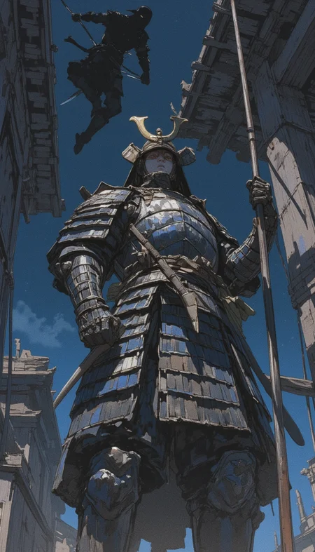 a masterful watercolor painting set at night, featuring an ancient soldier clad in traditional armor, holding a spear, and standing guard. The composition is from a low-angle perspective, looking up at the soldier, making his imposing figure dominate the scene. His detailed armor gleams with subtle reflections of light. Behind him, barely visible in the shadows above, a ninja is descending, gripping a rope with one hand and holding a dagger in the other. The ninja's form is ghostly, blending into the darkness, creating an intense contrast with the soldier's solid, textured presence. The angle heightens the tension, emphasizing the proximity of the ninja and the soldierâs obliviousness to the imminent strike. The watercolor technique contrasts the hard, metallic textures of the armor with the fluidity of the shadows, enhancing the suspense.