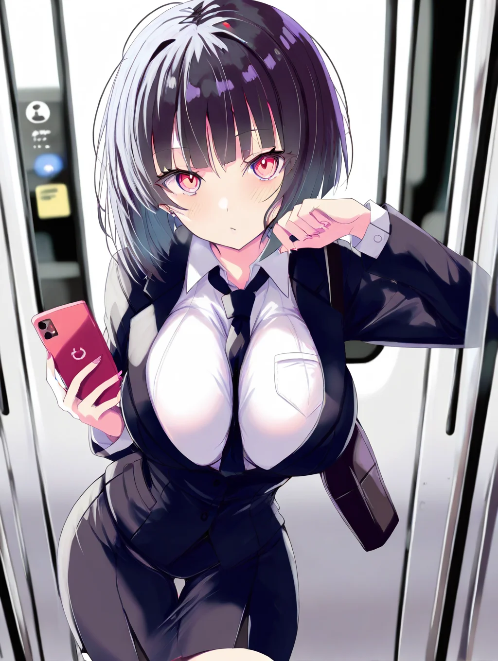 1girl, solo, large breasts, (hizaka:0.6), black hair, bob cut, wearing a business suit, standing in a subway car during rush hour, holding onto the pole, focused on her phone , sexy and cute pose, leaning forward,(arched back:0.8), (acrylics \(medium)\:0.8), very awa,,masterpiece,best quality,amazing quality