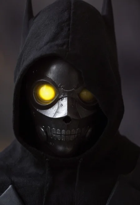 vibrant yellow cyberpunk jacket, solo, batman, mechanical parts, portrait, dark-red liquids, tanktop, looking back, white eyes, monochrome, half face is made of technical parts and wires, large eerie linen hood, atmospheric haze, Film grain, cinematic film still, shallow depth of field, highly detailed, high budget, cinemascope, moody, epic, OverallDetail, 2000s vintage RAW photo, photorealistic, candid camera, color graded cinematic, eye catchlights, atmospheric lighting, imperfections, natural, shallow dof