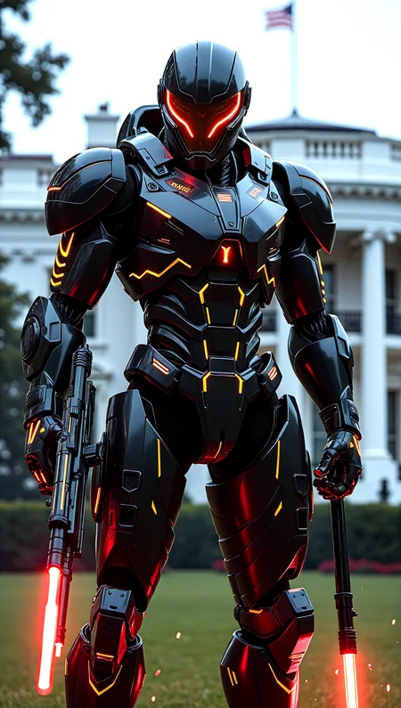 black-red-yellow-blue-white,Futuristic armored soldier,sophisticated and highly detailed armor, laser rifle,helmet with visor, sparks, electrical energy, buzzing, humming, imaginative, expansive, vivid,standing in front of the US-White-House,embedding:EZRealPONYXL,,embedding:EZRealPONYXL, embedding:EZRealPONYXL,
