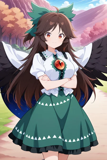 absurdres, highres, masterpiece, best quality, amazing quality, official anime artwork, screencap, anime screencap, outdoors, looking at viewer, light smile, dynamic pose, standing,
<lora:UtsuhoV2.2-000040:1> reiuji utsuho, 1girl, solo, brown eyes, brown hair, long hair, ahoge, black wings, bird wings, third eye, breasts,,