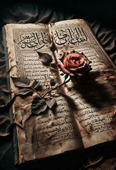 A withered ais-crsd rose lying on an ancient Arabic book, its petals blackened and curled, on a table covered in dust. <lora:ais-crsd-sdxl:1>,volumetric lighting), (dynamic lighiting), godrays, Rembrandt lighting, real shadows, intricate detail