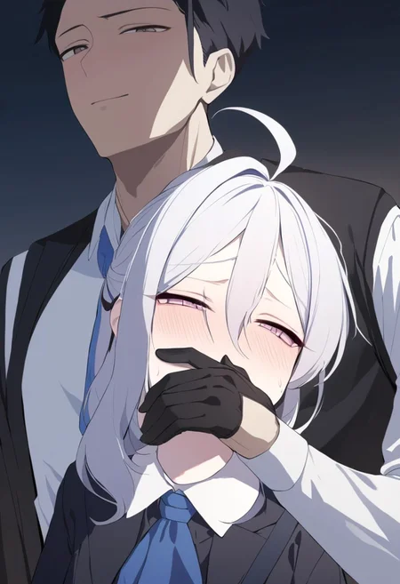 masterpiece,Hina_(Blue_Archive),1girl,man's big hand,(handkerchief over mouth and nose)、kidnapping。(man's hand covered over mouth from behind),1boy,handgag,handkerchief,half closed eyes