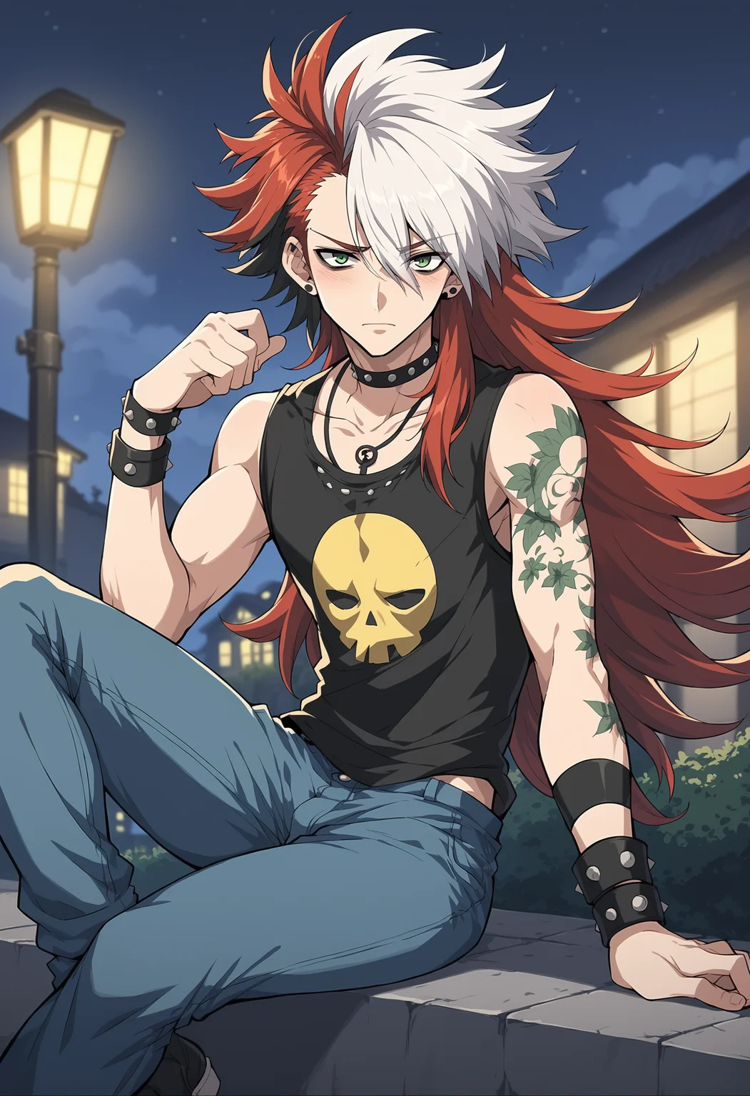 source_anime, newest, 1boy, solo, (male focus:.7), transgender male, red hair, white hair, green eyes, two tone hair, long hair, wearing a yellow and green x-men shirt, 90s aesthetic, curly hair, denim jeans, goth eye liner, wristband, emo punk style, (punk:1.5), jewelry, depth of field, tattoos, minneapolis, (night sky:1.2), wind swept hair, (seductive), (sitting on the sidewalk:.6), shy, (sidelighting), (volumetric lighting), BREAK PonyXLV6_Scores