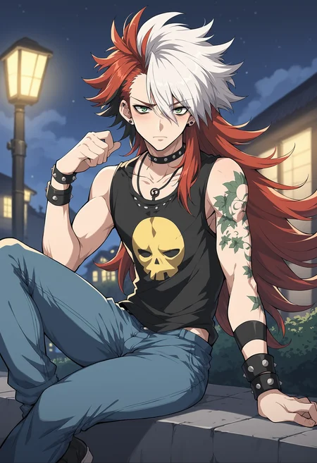 source_anime, newest, 1boy, solo, (male focus:.7), transgender male, red hair, white hair, green eyes, two tone hair, long hair, wearing a yellow and green x-men shirt, 90s aesthetic, curly hair, denim jeans, goth eye liner, wristband, emo punk style, (punk:1.5), jewelry, depth of field, tattoos, minneapolis, (night sky:1.2), wind swept hair, (seductive), (sitting on the sidewalk:.6), shy, (sidelighting), (volumetric lighting), BREAK PonyXLV6_Scores