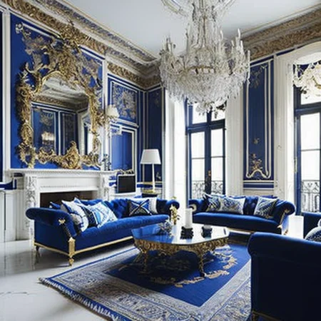 <lyco:baroque_interior_design:1.0> blue and white room, palace, gold details