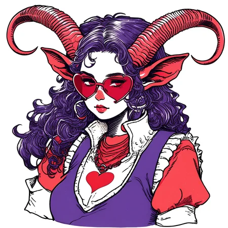 a tiefling girl with ram horns and heart shaped sunglasses