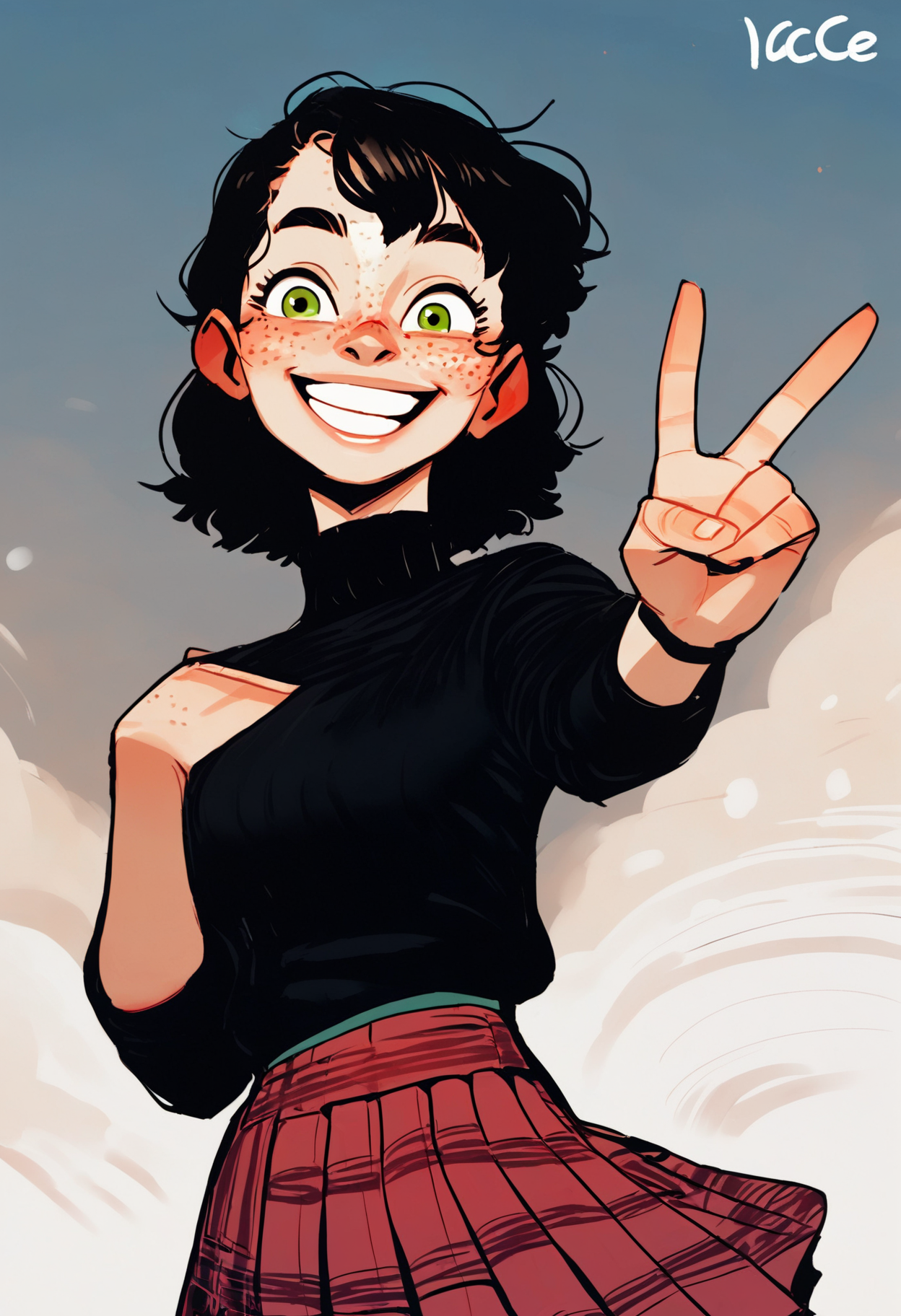 score_9_up, source_ anime, incase_style, ratatatat74_style, 1girl, freckles,smile, happy,green eyes,black hair, black turtleneck sweater, black pleated skirt, plaid skirt, cowboyshot, v,