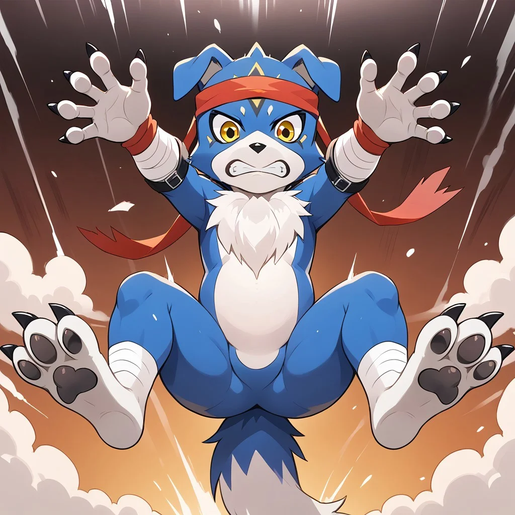 score_9, score_8_up, score_7_up, detailed, solo, ,furry, Death_pose, front view, arms up, hands fully open, legs spread, showing paws, looking at viewer, in the air, falling down, solo, surprised, gaomon_digimon, furry, headband, solo, 1boy, claws, yellow eyes,