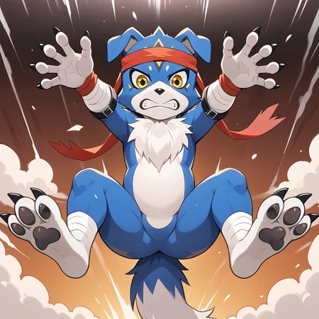 score_9, score_8_up, score_7_up, detailed,  solo,   ,furry, Death_pose, front view, arms up, hands fully open, legs spread, showing paws, looking at viewer, in the air, falling down,  solo, surprised, gaomon_digimon, furry, headband, solo, 1boy, claws, yellow eyes,