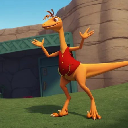 score_9, score_8_up, score_7_up, score_6_up, score_5_up, score_4_up, source_furry, dtmrconductorv2, semi-anthro, male, Troodon, orange skin, brown eyes, dinosaur, feather hair, red vest, gold buttons, gold chain, outside,