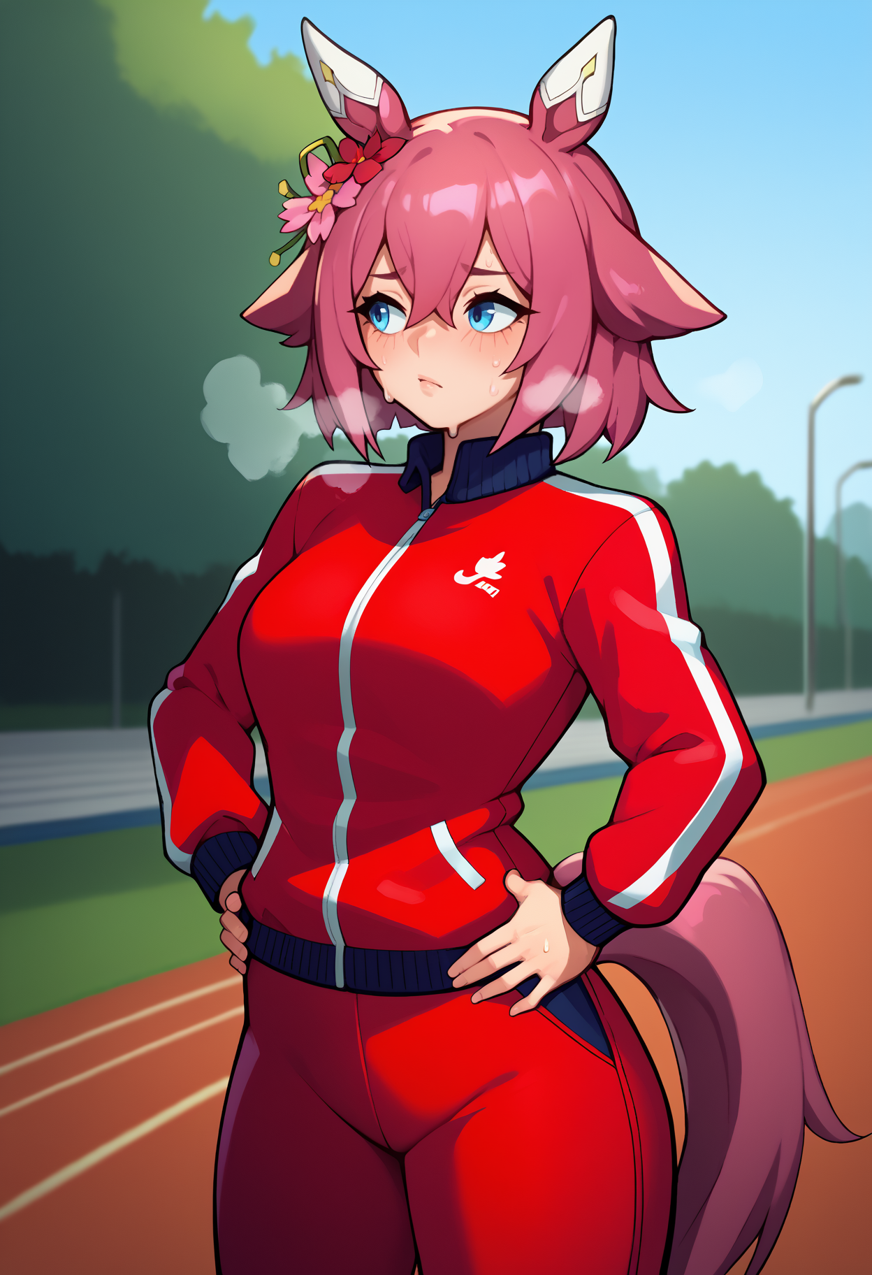 score_9, score_8_up, score_7_up, <break> solo, 1girl, skrchyno, horse tail, sweat, looking away, breath, standing, hands on own hips, medium hair, pink hair, hair flaps, hair flower, animal ears, blue eyes, track suit, red jacket, track jacket, red pants, outdoors, park
<segment:yolo-face_yolov8m.pt,0.4,0.5//cid=1>