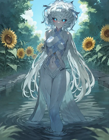 van_gogh_(fate),van_gogh_(third_ascension)_(fate), fate/grand_order, munakata_(sekimizu_kazuki):1.2,mogudan:0.7, hamada_yoshikazu:0.8 ,toriyama_akira_(style):0.8, quasarcake:0.8,rolua, ,negative space,
masterpiece, highres, absurdres, newest,
1girl ,black_sclera, blue_eyes ,breasts ,colored_sclera, colored_skin, detached_sleeves,hat ,small_breasts ,sunflower, water ,white_hair ,white_skin,
, detailed background,
<lora:ponyv4_noob1_2_adamW:0.5>, <lora:add-detail-xl:0.5>
