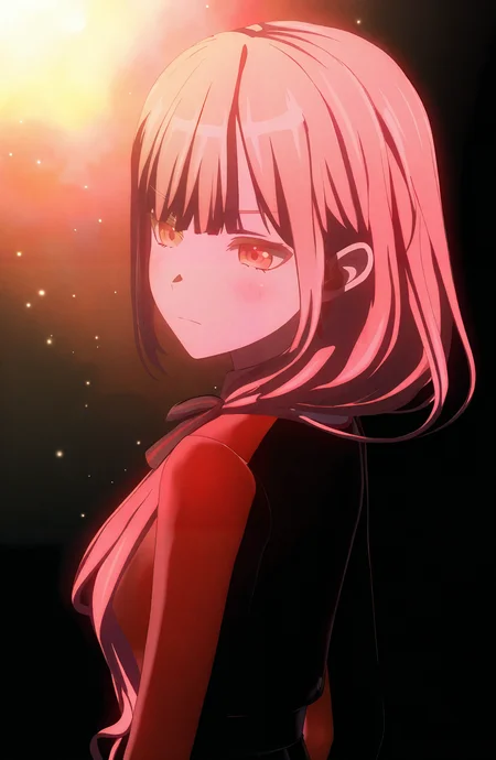 1girl, solo, long_hair, closed_mouth, ponytail, virtual_youtuber, red_theme